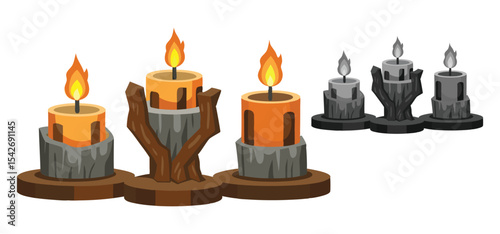 Vector illustration of glowing candles with orange and grey color schemes for decorative purposes and design elements.