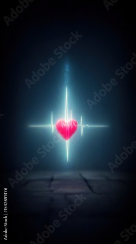 Glowing heart with heartbeat graphic on dark background