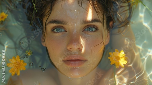 Serene Woman Floating in Water with Yellow Flowers Sunlight