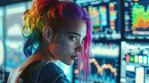 Futuristic Woman Analyzing Financial Data on Multiple Screens