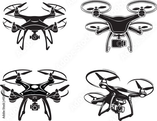 set of black and white tattoos Modern air drone with camera isolated.