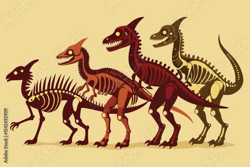 Colorful Dinosaur Skeleton Illustration Featuring Various Species on a Yellow Background
