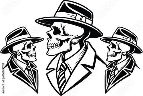 Three monochrome skeleton gangsters wearing suits and hats on a white background