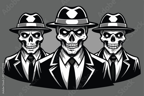 Three monochrome skeleton gangsters wearing fedora hats and suits illustration