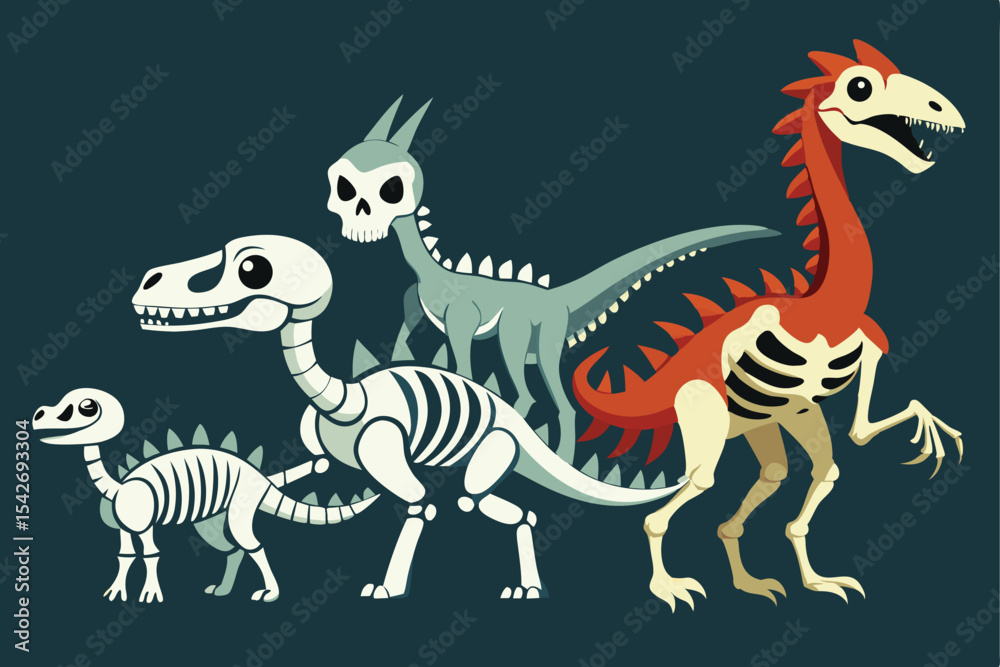 Fototapeta premium Cartoon Dinosaur Skeletons and Undead Dinosaur Illustration on Dark Background