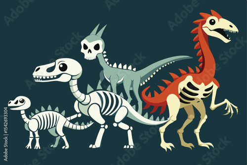 Cartoon Dinosaur Skeletons and Undead Dinosaur Illustration on Dark Background