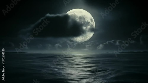 Moonlit ocean under stormy clouds