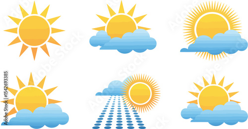 Bright vector icons depict a set of sun and cloud weather symbols, perfect for illustrating sky and climate