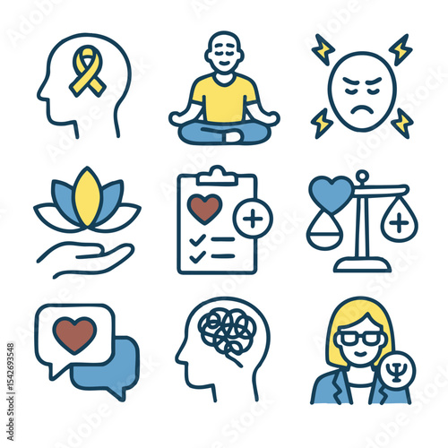Mindfulness icons, mental health symbols, emotional wellness, balance, self care