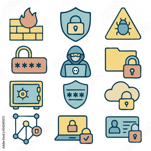 Secure icons representing cybersecurity concepts, including firewalls, locks, and hackers