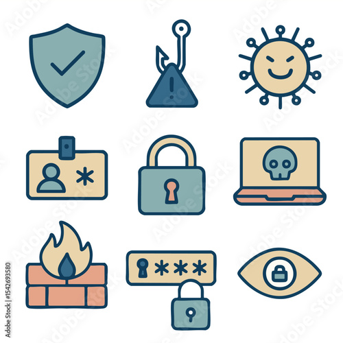 Secure icons representing cybersecurity concepts, including protection, phishing, and malware