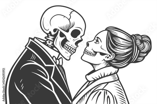 Skeletal Couple in Love a Romantic and Macabre Illustration