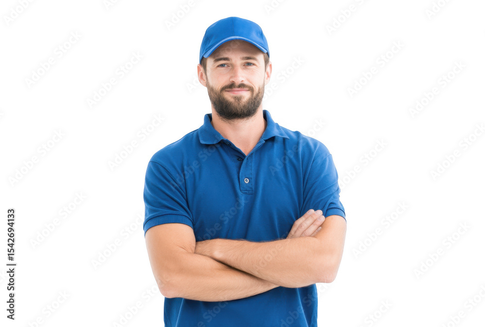 A confident male worker in a blue polo shirt and cap stands with arms crossed against a plain white background. exuding professionalism and approachability for potential service-related use A confident male worker in a blue polo shirt and cap stands with arms crossed against a plain white background. exuding professionalism and approachability for potential service-related use