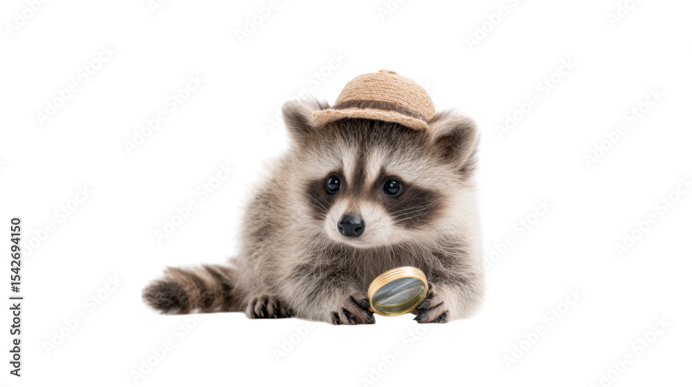 Obraz premium A cute raccoon wearing a straw hat holds a magnifying glass while sitting on a plain background. evoking curiosity and adventure. ideal for children's themes or wildlife education