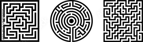 Maze puzzle game labyrinth solution path finding challenge square circle mind bender graphic design art editable stock vector illustration