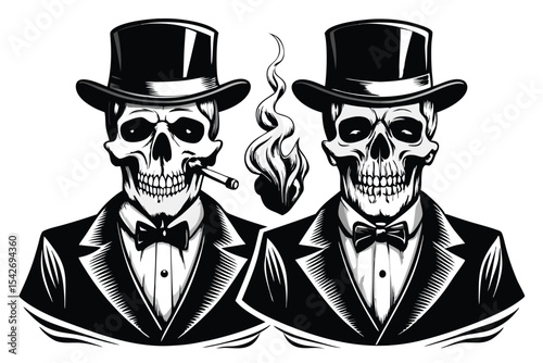 Elegant Skull Duo in Suits and Top Hats with Cigars and Smoke