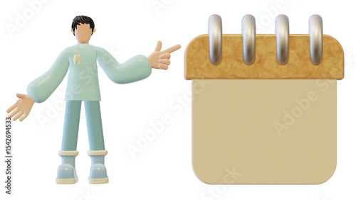 Cartoon dentist pointing at wooden calendar beside of him. 3D character of dentist pointing at calendar . Schedule an appointment with dentist. 