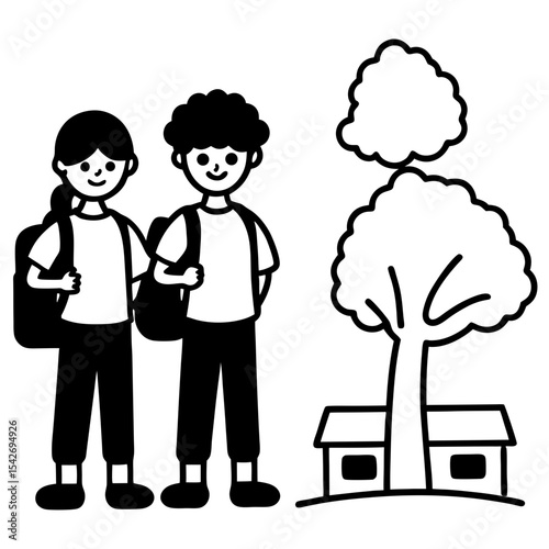 Two children with backpacks near a house and trees