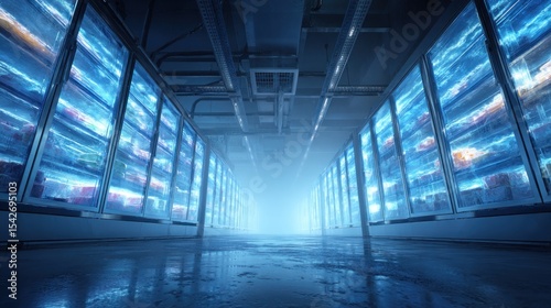 High-tech refrigerated warehouse storing medical supplies, glowing blue light, cold air effect, frosted glass, sterile environment, advanced logistics technology.