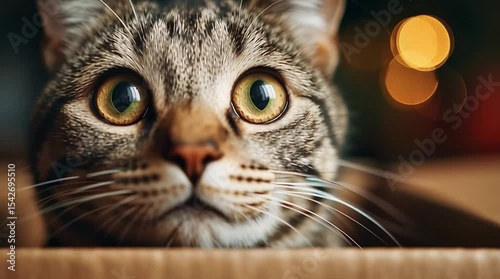 Curious tabby cat peeking over box edge, eyes wide as if ready to pounce. Slow motion. 4K.
