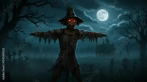 Eerie scarecrow stands in a moonlit field, casting shadows, with a haunted house in the background