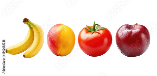 A vibrant arrangement of fresh fruits including bananas. a peach. a tomato. and a red apple. showcasing their natural colors and textures against a clean white background. ideal for food-related conte