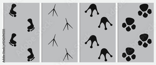 with abstract shapes. Abstract footprint Art Design for prints, covers, . Footprint line art with abstract shapes. Abstract human, cat, stork and duck footprint art design for prints, covers, wallpape
