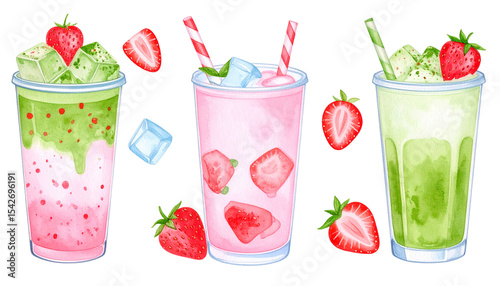 Watercolor illustration of ice strawberry matcha latte and ice matcha latte, pure green matcha, for sticker or clipart set