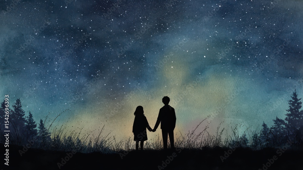 Fototapeta premium Silhouette Couple Holding Hands Under Starry Night Sky