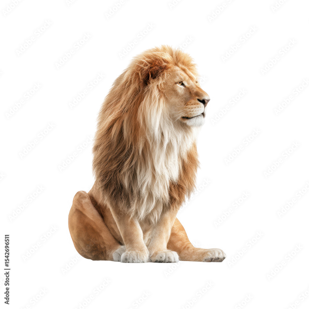 Obraz premium A majestic lion sitting gracefully with a full mane. showcasing its strength and beauty against a clean white background. perfect for wildlife photography or animal conservation themes