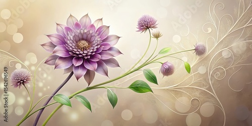 Elegant Floral Arrangement with Delicate Blooms and Swirling Design Elements on a Soft Background