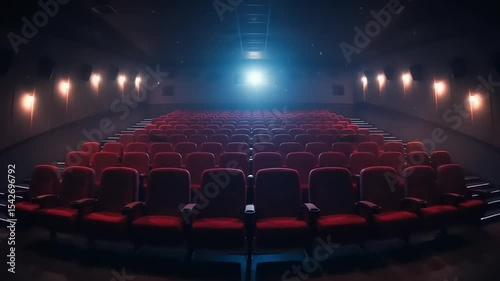Empty cinema hall with red seats and illuminated screen, creating an inviting atmosphere for viewers