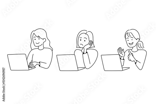 パソコン作業をする女性の線画イラスト
