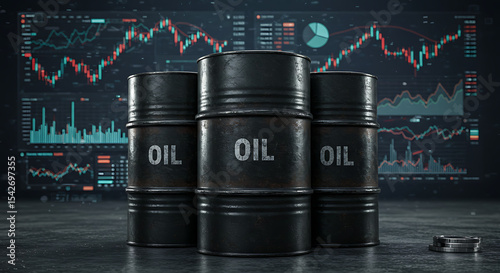 Oil Barrels Amidst Market Data: A composition featuring three imposing oil barrels, each inscribed with the word 'OIL,' positioned against a backdrop of dynamic market data, symbolizing energy sector