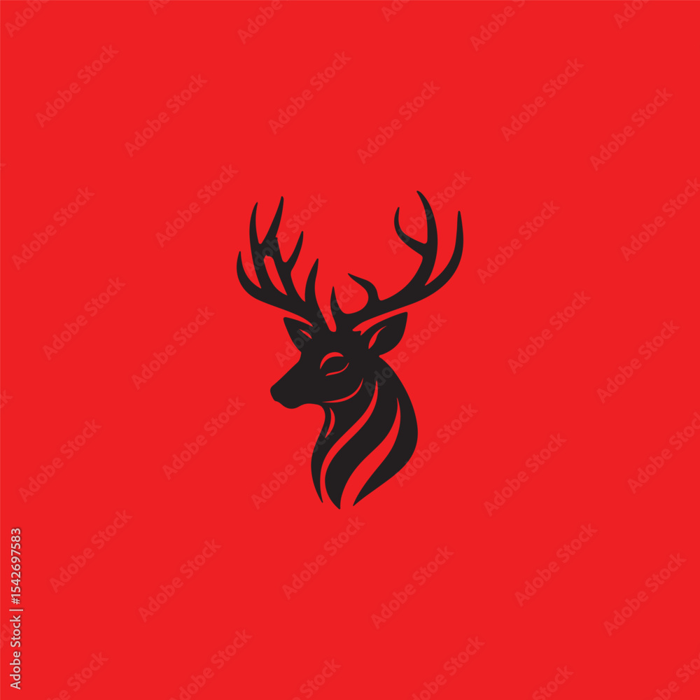 A stylized silhouette of a black deer head with large antlers on a vibrant red background. A stylized silhouette of a black deer head with large antlers on a vibrant red background.