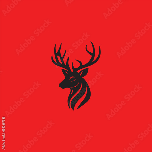 A stylized silhouette of a black deer head with large antlers on a vibrant red background.