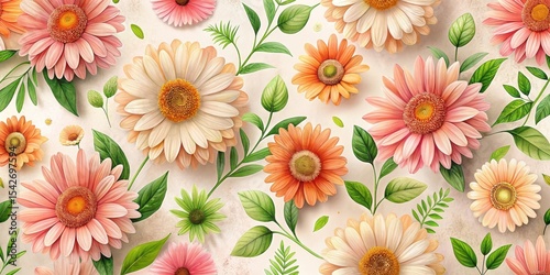 A delicate arrangement of pastel-hued gerbera daisies and lush green foliage, creating a vibrant and cheerful floral composition perfect for springtime decor