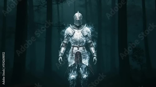 Ethereal knight in shimmering armor standing in a dark, misty forest, evoking a mystical atmosphere