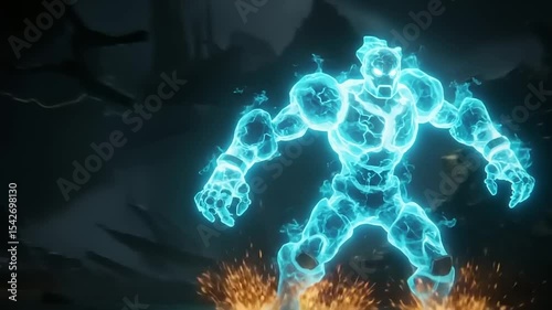 Ethereal blue energy creature emerges from the ground in a dark, mystical landscape with sparks