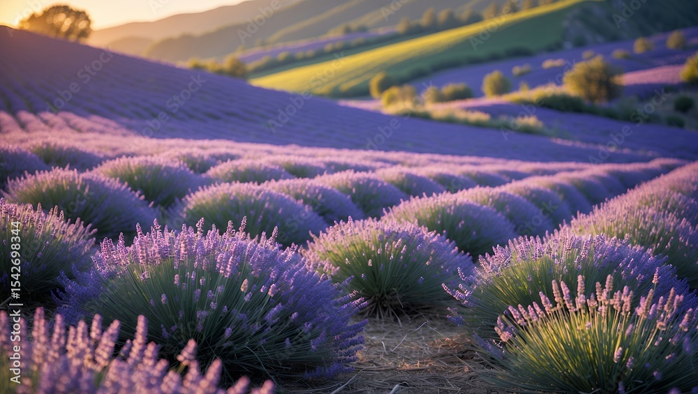 Obraz premium Lavender Field at Sunset Aromatic Purple Landscape Rolling Hills Farming