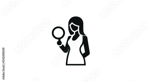 Woman Examining Magnifying Glass: Icon, Vector, Silhouette