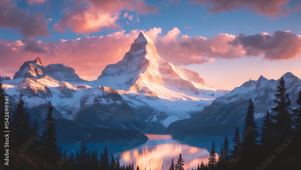 Fototapeta premium Majestic Snowy Mountain Peak Reflecting in Lake at Sunset Scene