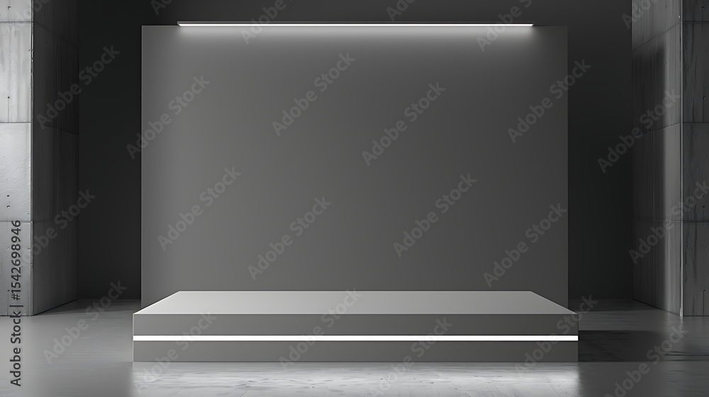 Obraz premium A minimalist gray podium with illuminated accents stands against a concrete wall creating a modern and clean presentation space