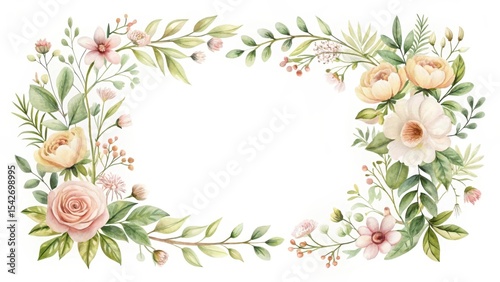 Elegant watercolor floral frame design with soft pastel blossoms and lush greenery, perfect for invitations, cards, or announcements.