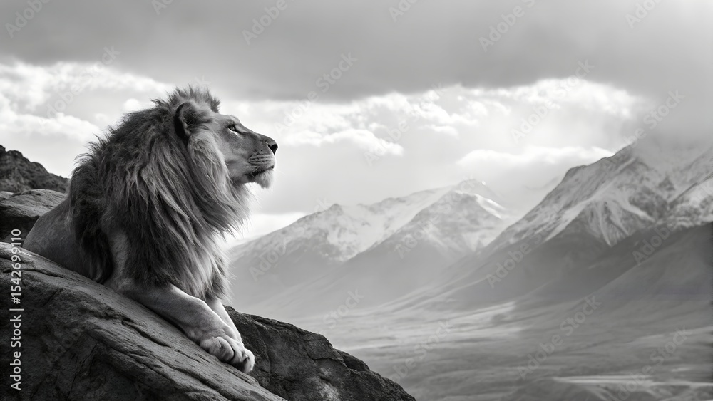 Obraz premium Majestic black and white lion surveying snowy mountains under cloudy sky