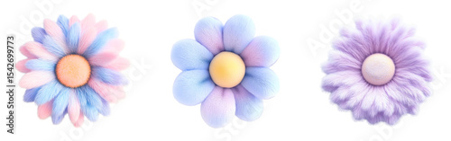 Collection of 3D rendered plush toy daisy icons in pastel tones with minimalist details isolated on a white or transparent background