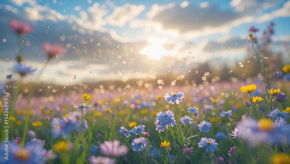 Obraz premium Vibrant Wildflower Meadow Blooming Under Sunny Sky in Spring Season