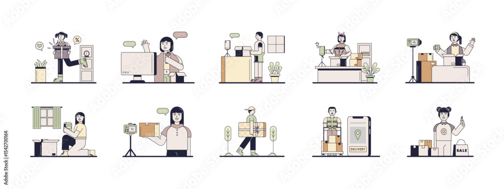 Unboxing illustrations set. Flat vector illustrations concept. Unboxing illustrations set. Flat vector illustrations concept.