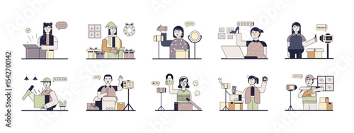 Unboxing illustrations set. Flat vector illustrations concept.