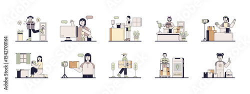 Unboxing illustrations set. Flat vector illustrations concept.